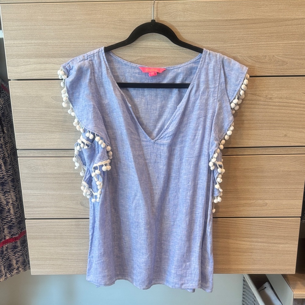 Lilly Pulitzer Light Blue V-Neck Blouse with White Pom-Pom Trim
